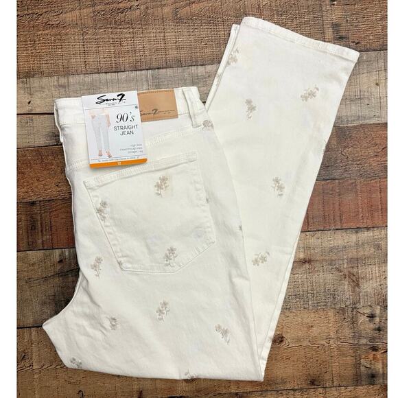 Seven 7 90s Straight Leg Jeans White Floral Print Size 12 NWT - Picture 1 of 9